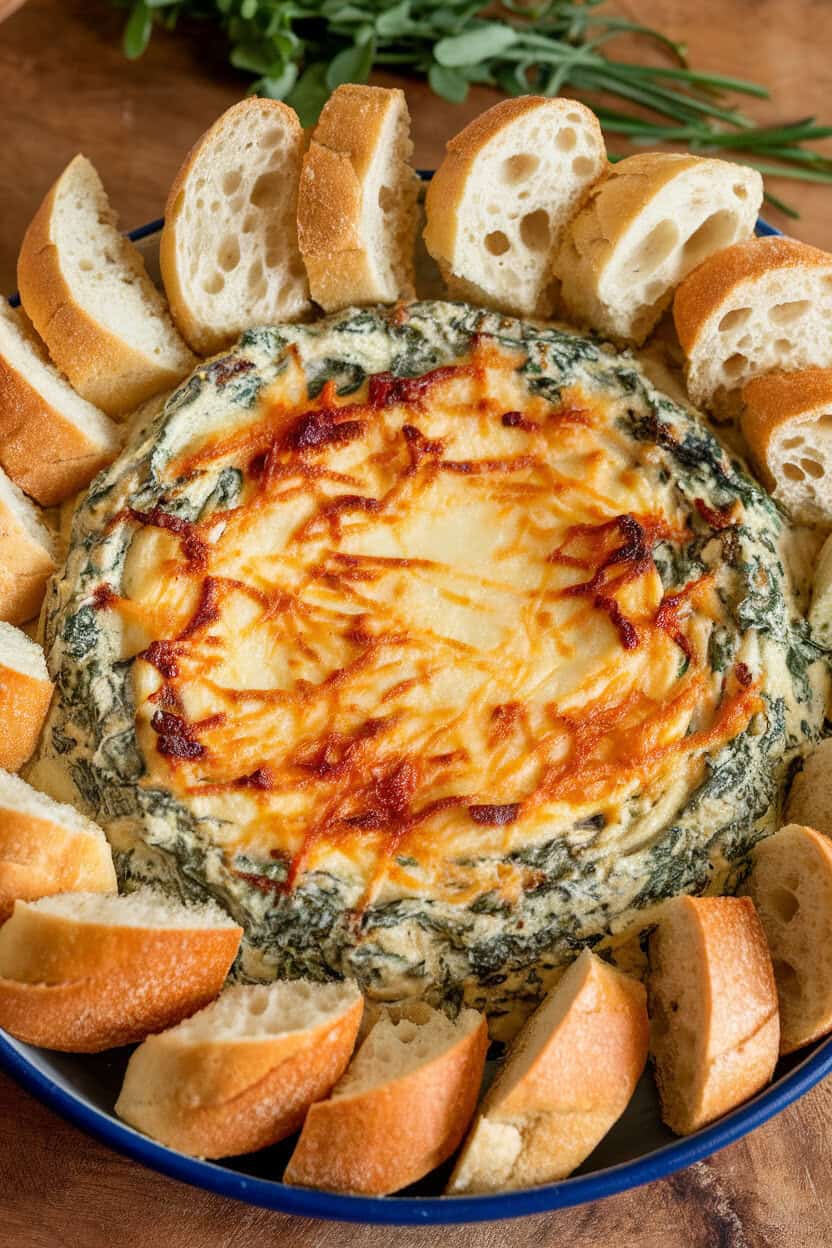 A shallow indoor baking dish filled with creamy spinach and artichoke dip, cheese browned on top, surrounded by a ring of baguette slices. No text or logos. Photo, not an illustration.