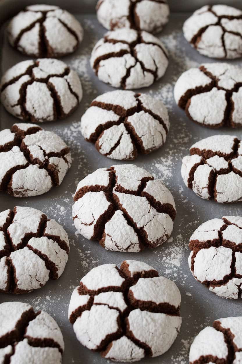 An indoor baking sheet lined with chocolate crinkle cookies, deep fissures revealing fudgy centers, powdered sugar coating intact; no text or logos. Photo, not illustration.
