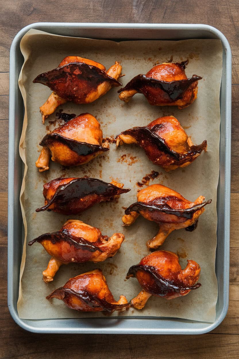 An indoor serving tray lined with baking paper holding chicken drumettes glazed in a dark soy-molasses sauce that gives a near-black finish, arranged like folded bat wings. No logos, photo only.