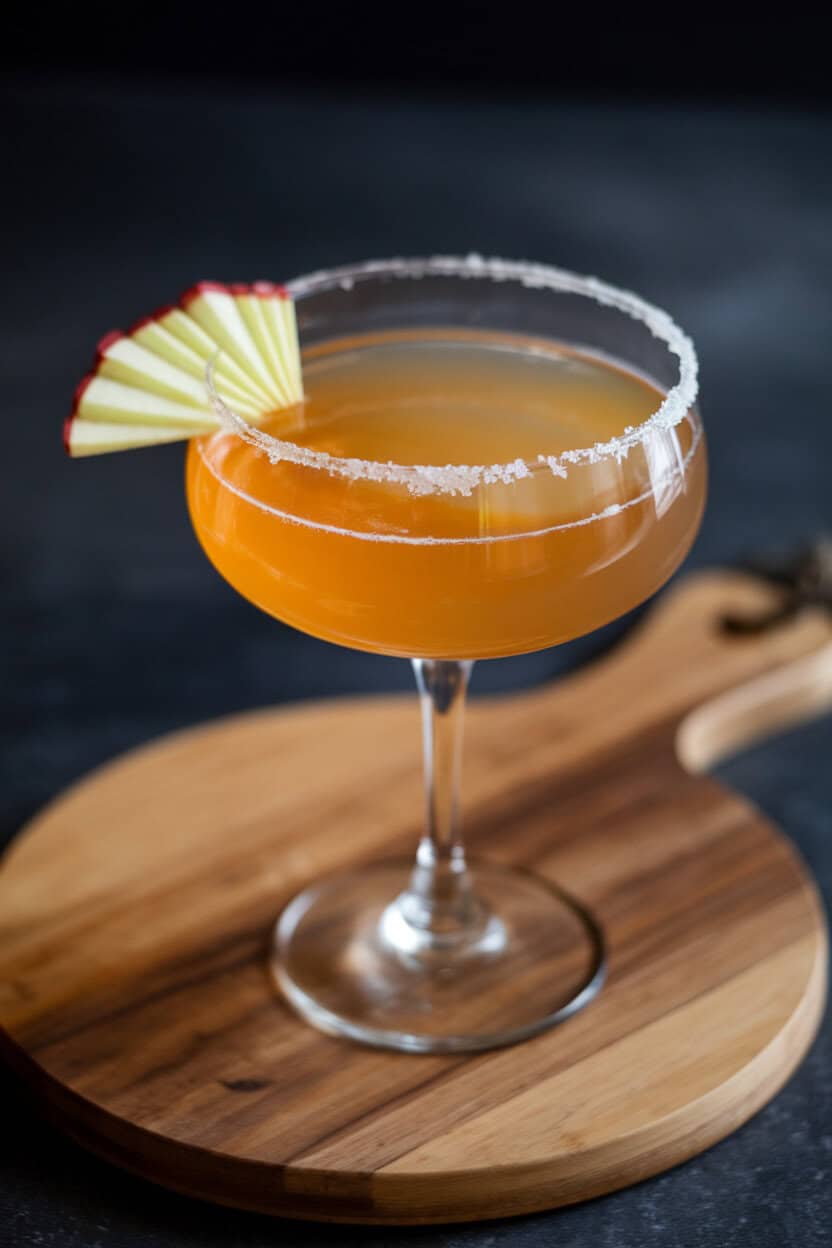 Photo of a sugar-rimmed coupe indoors, golden apple cider sidecar with thin apple fan garnish. No text or logos.