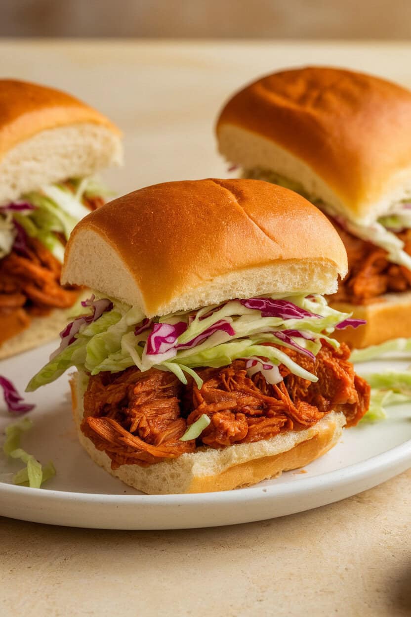 Photo of mini slider buns indoors stuffed with saucy pulled jackfruit and crunchy coleslaw, no text or logos