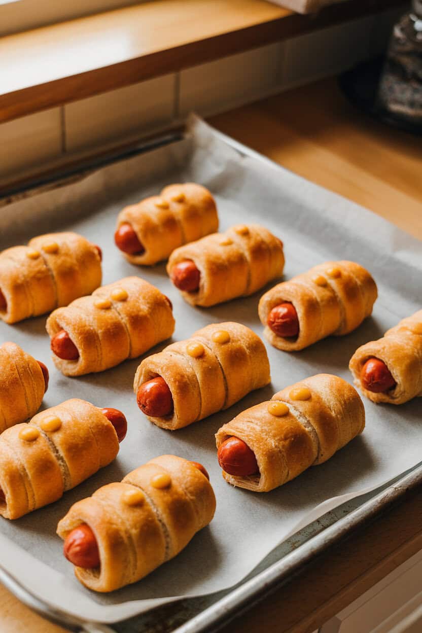 A warmly lit indoor countertop displaying golden-brown crescent-wrapped hot dogs with two tiny mustard dots for “eyes,” arranged on a parchment-lined baking sheet. No text or logos visible anywhere in the scene; photo, not illustration.