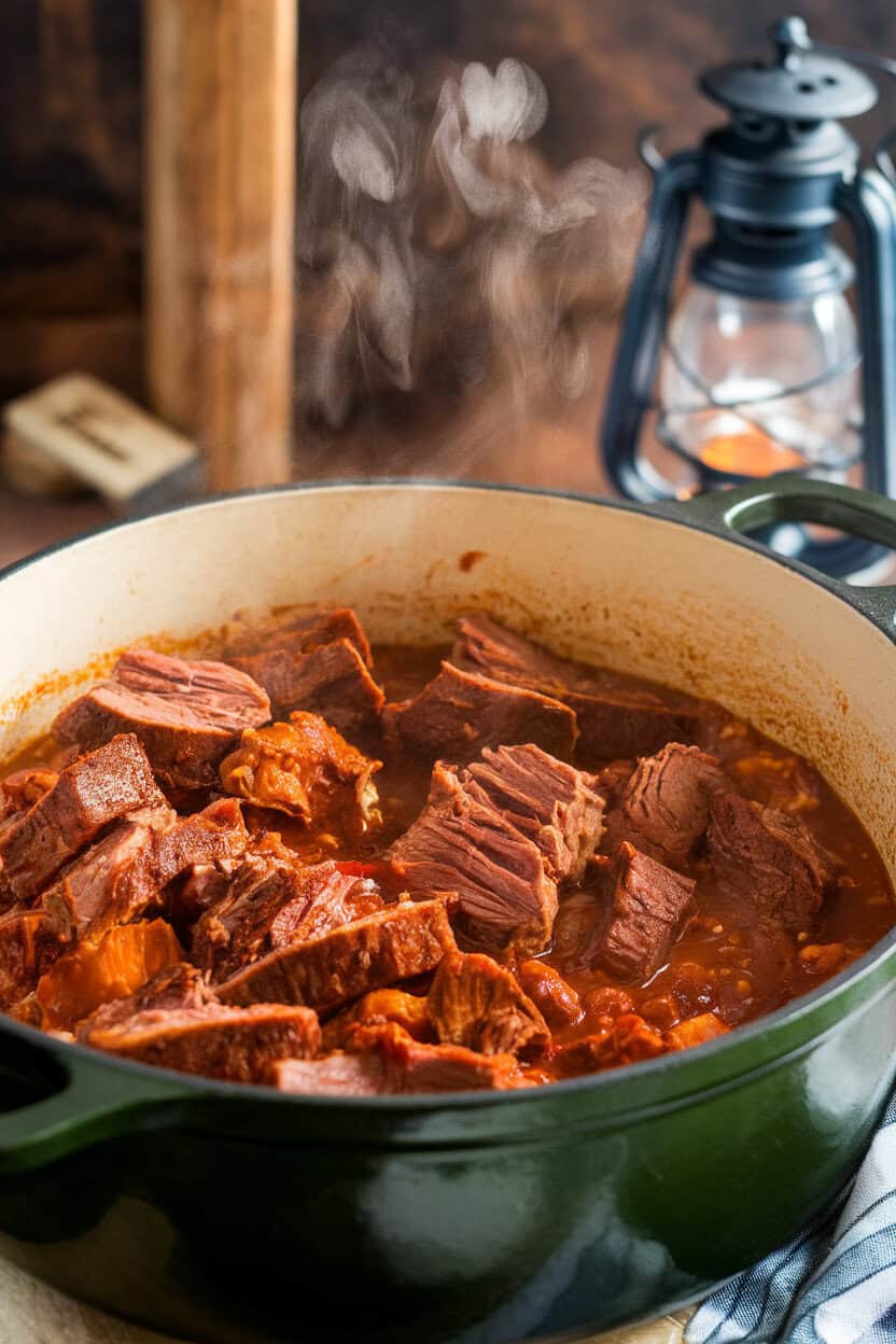 Indoor photo of a Dutch oven with chunks of brisket chili, a splash of bourbon visible as steam; no text or logos