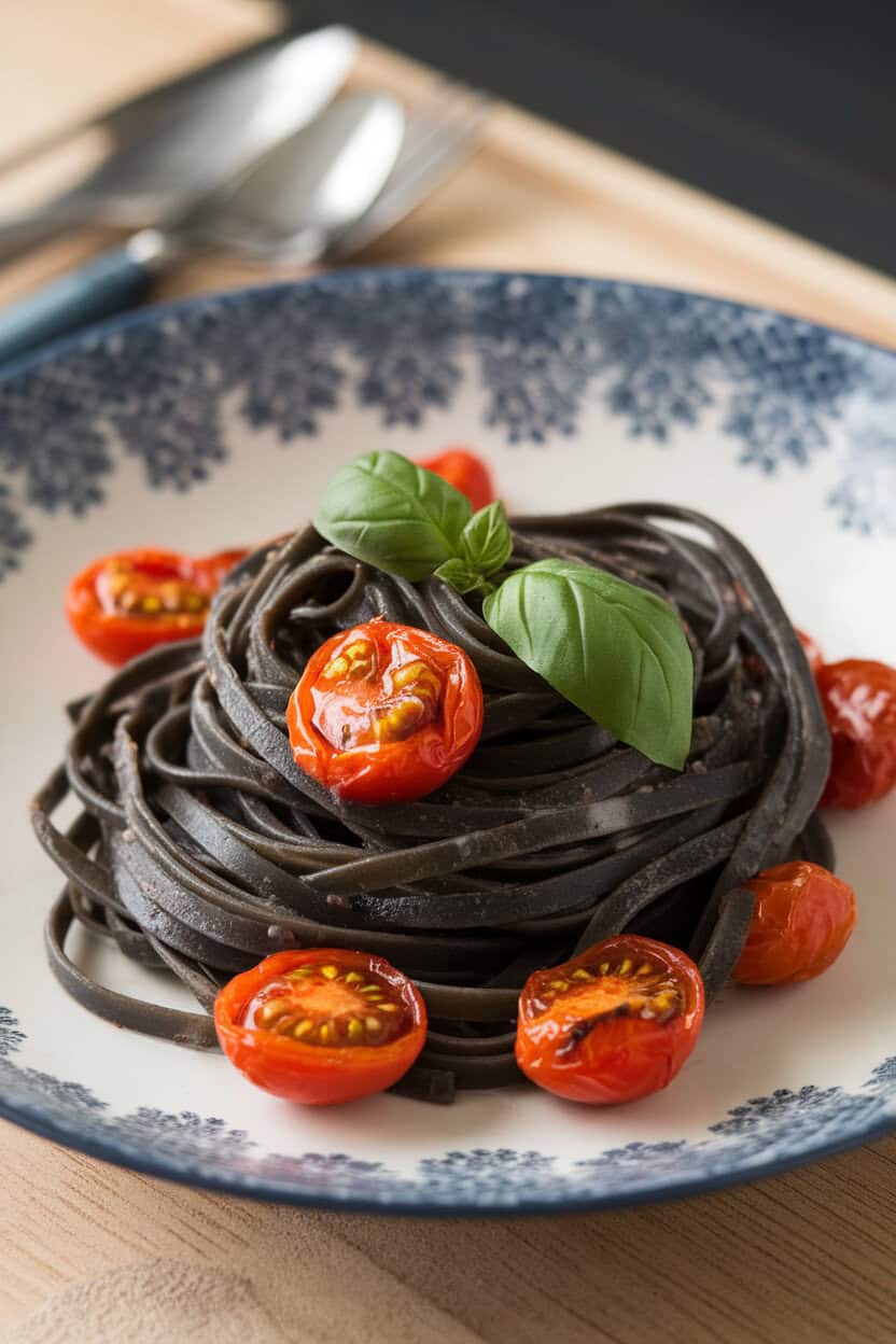 An indoor dinner plate holding squid-ink linguine tossed with garlic butter and roasted cherry tomatoes, garnished with a single basil leaf. No text or logos.