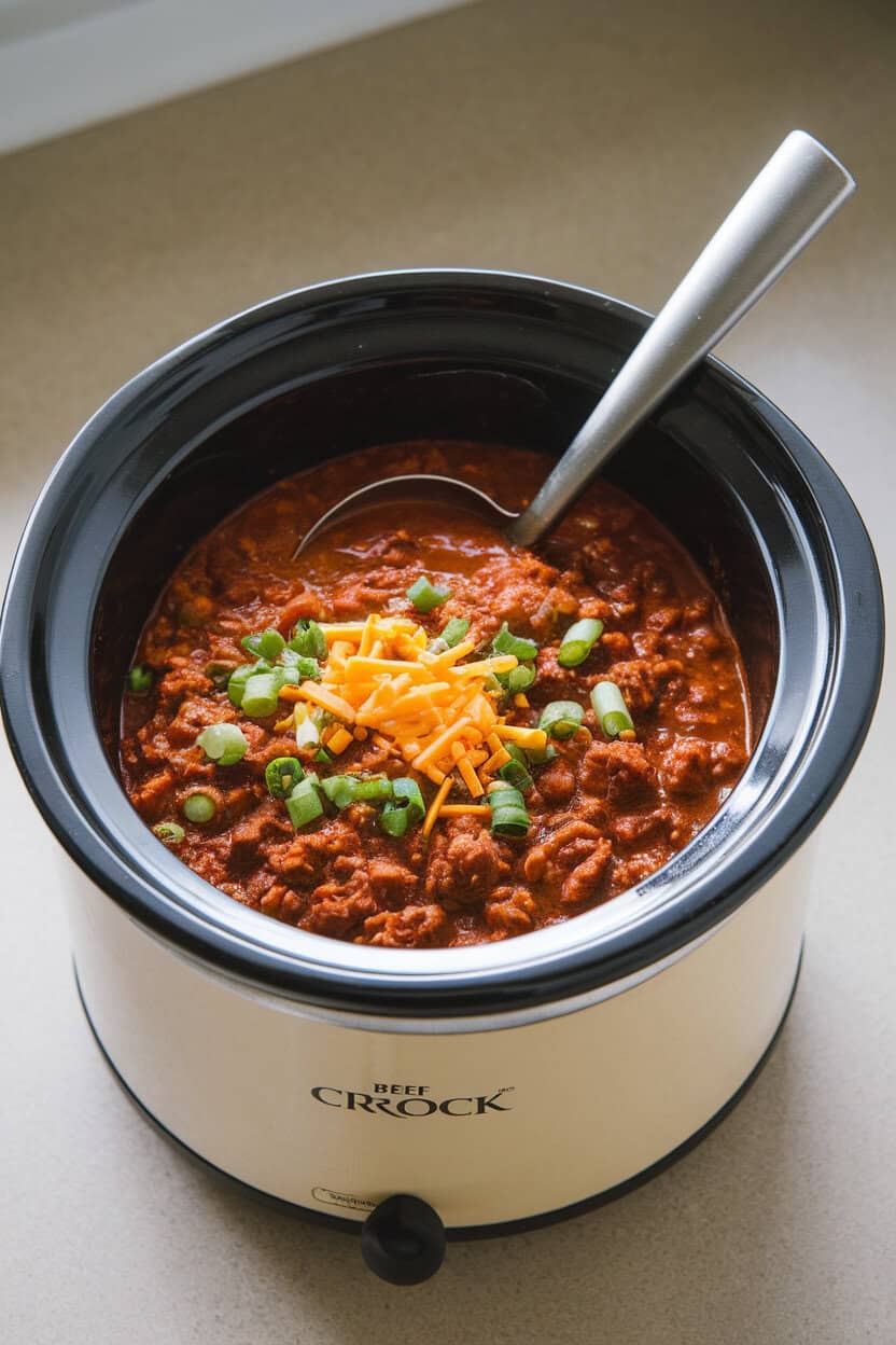 Indoor countertop photo of a crock filled with beef chili, a ladle resting inside, garnished with cheddar and scallions. No text or logos. Photo, not illustration.