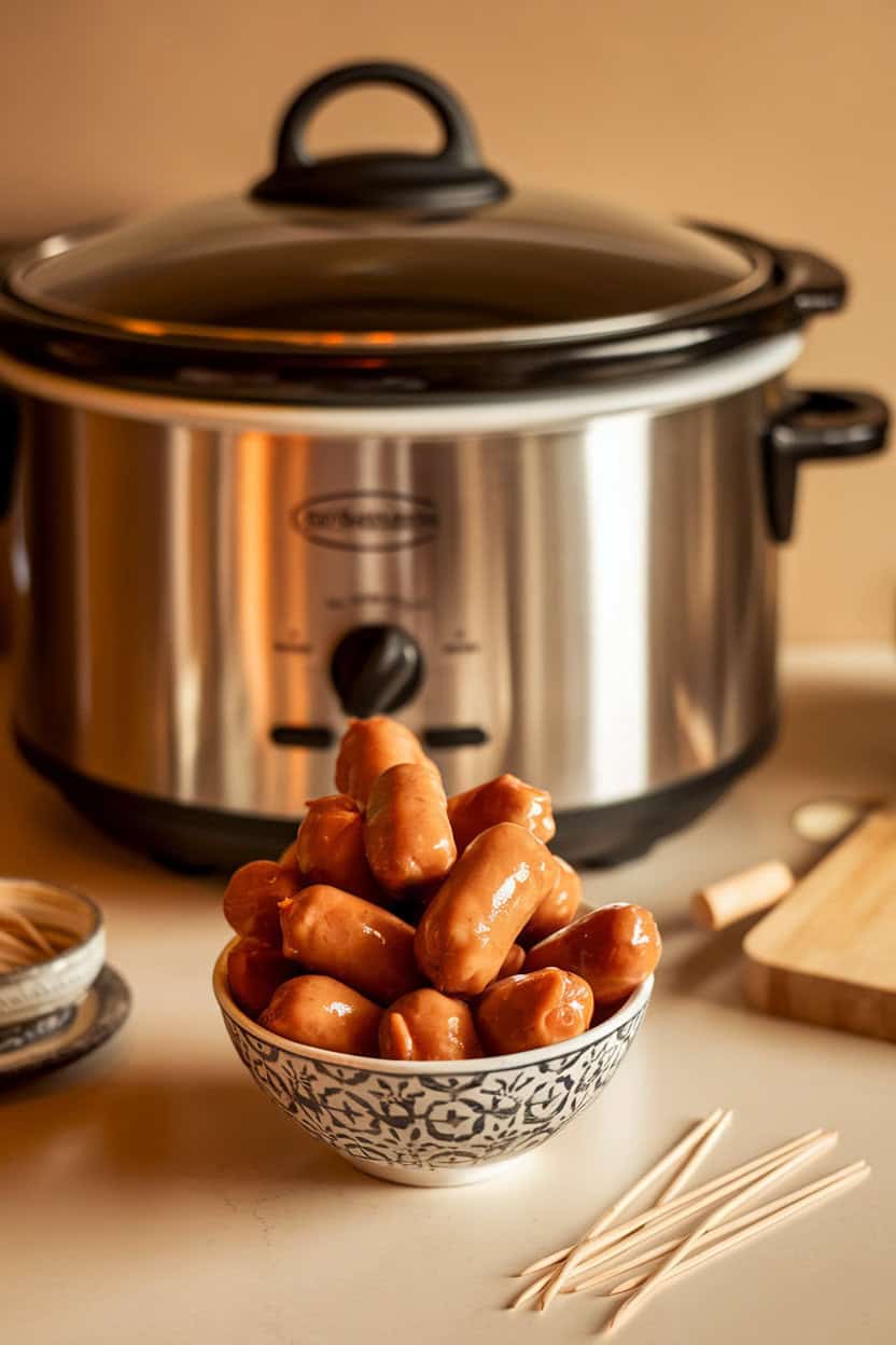 Indoor slow-cooker station with a small bowl of cocktail sausages coated in glossy maple glaze, toothpicks nearby—warm lighting, no text or logos.