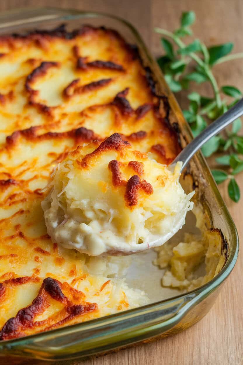 An indoor baking dish of potato gratin, cheese browned and bubbling, a serving spoon revealing creamy layers beneath. No text or logos. Photo only.
