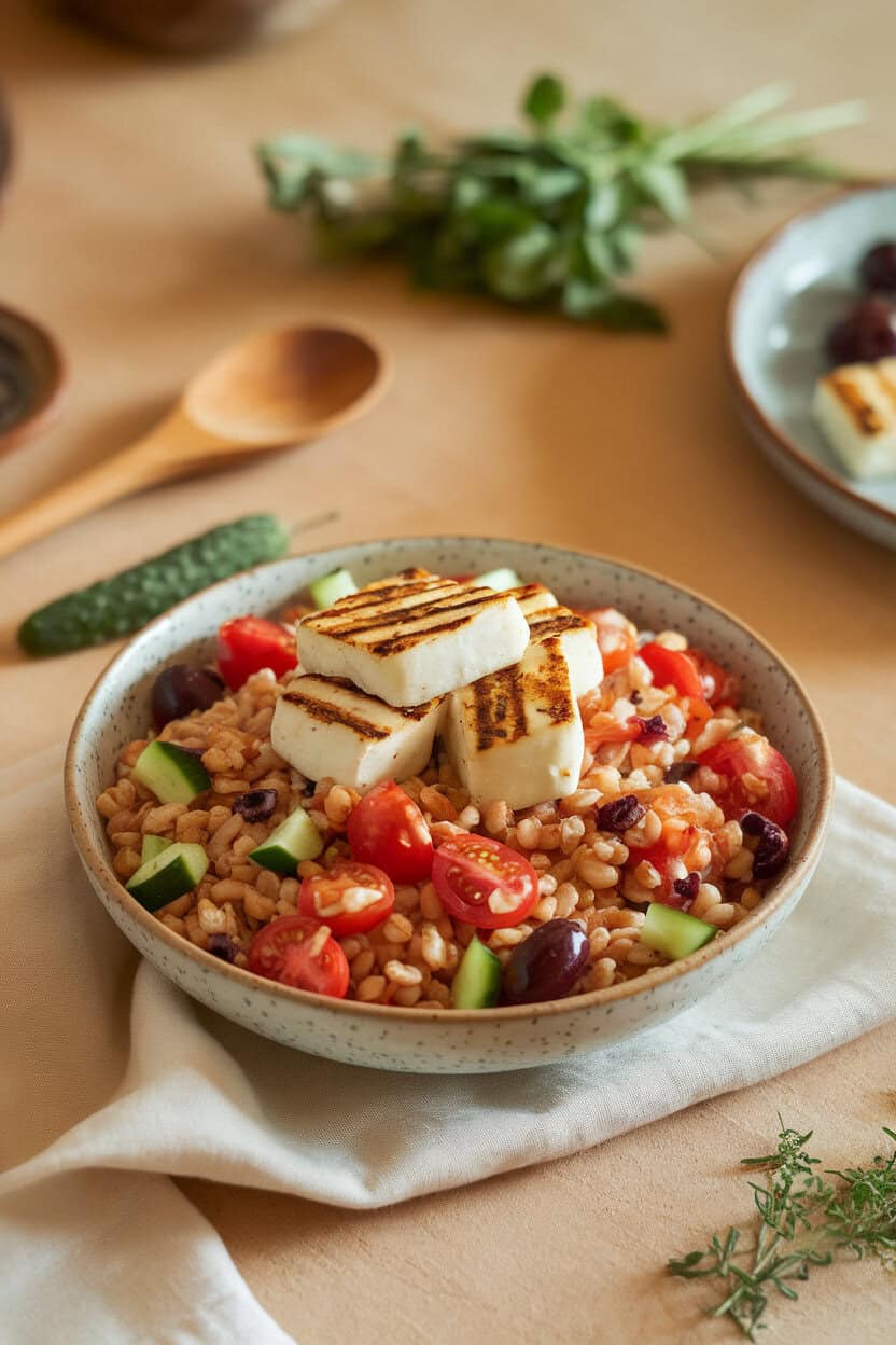 Warm indoor tabletop featuring a bowl of farro salad studded with cherry tomatoes, cucumber, olives, and grilled halloumi cubes on top. No text or logos visible.