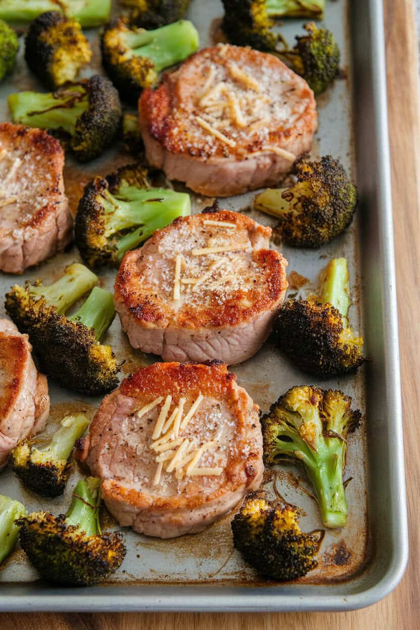 Indoor sheet pan holding pork loin medallions sprinkled with Parmesan, surrounded by roasted broccoli florets; no text or logos.