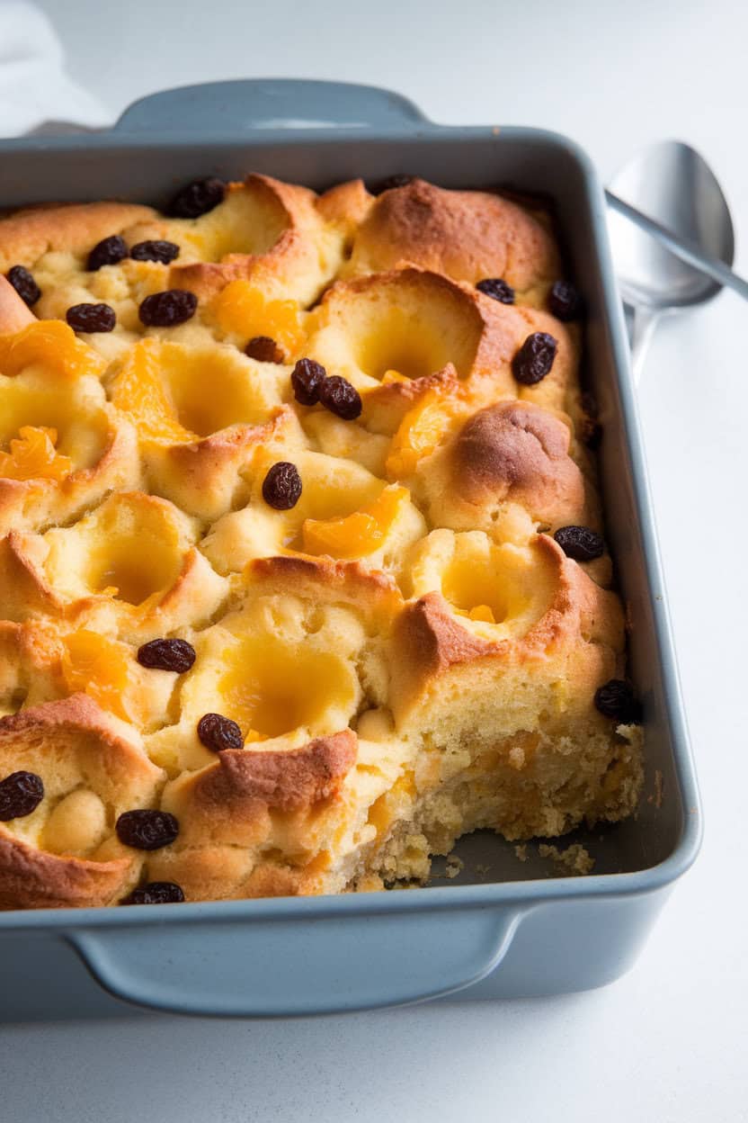 An indoor bakeware dish of golden panettone bread pudding studded with raisins, orange peel, and custard pockets, spoon resting nearby; no text or logos. Photo, not illustration.