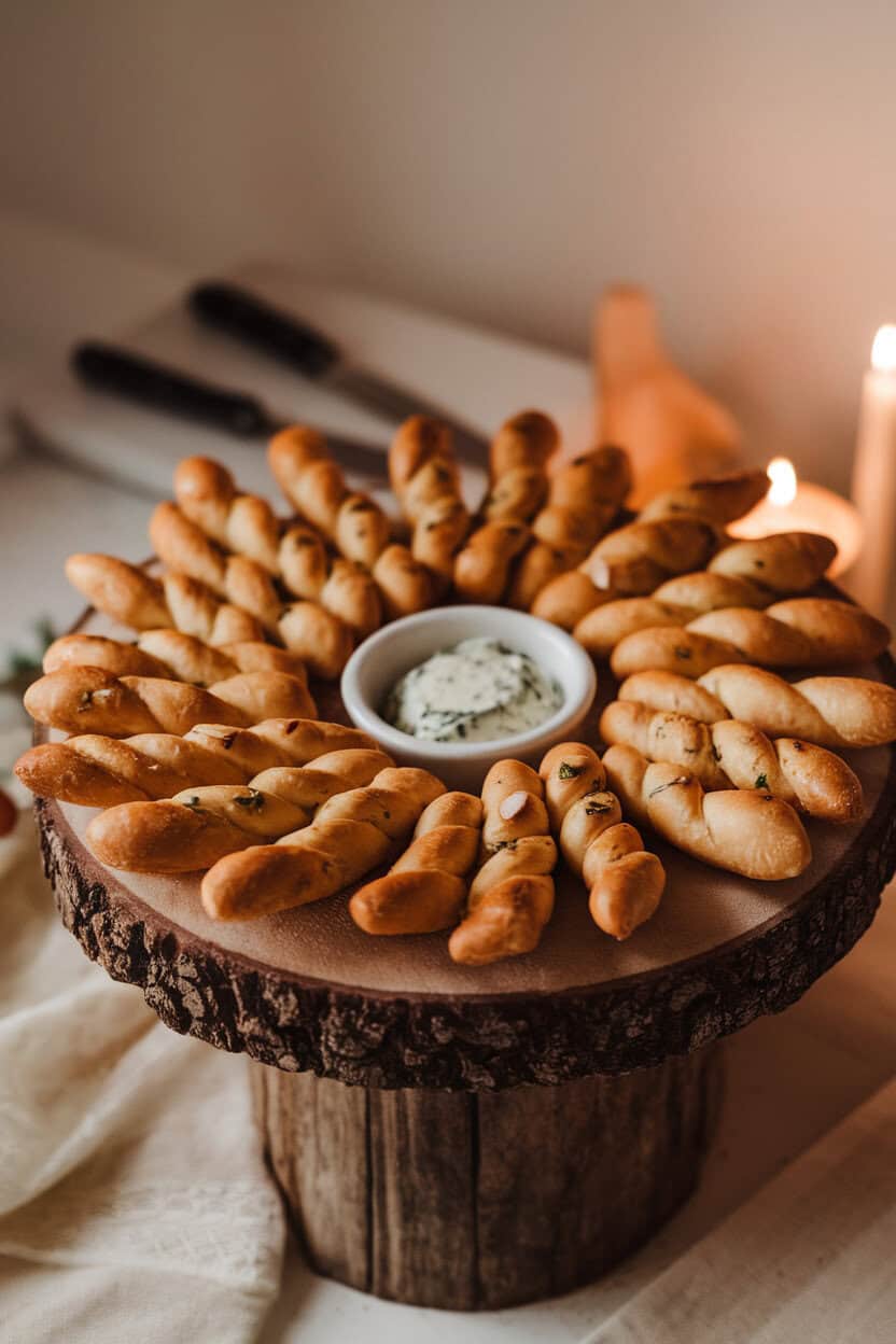 A rustic indoor breadboard displaying twisted breadsticks tipped with almond “nails,” brushed with herb butter. Candle-lit ambiance, no text or logos.