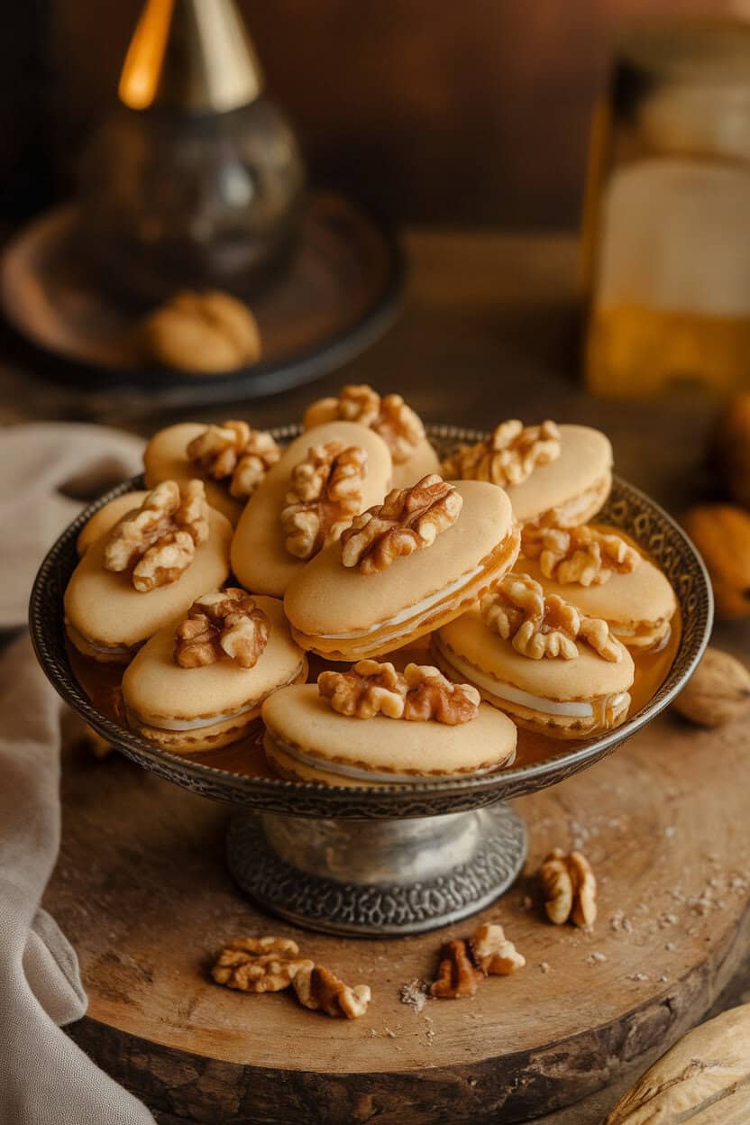 An indoor serving dish of oval melomakarona cookies soaked in honey syrup and sprinkled with chopped walnuts. No text or logos. Photo, not illustration.