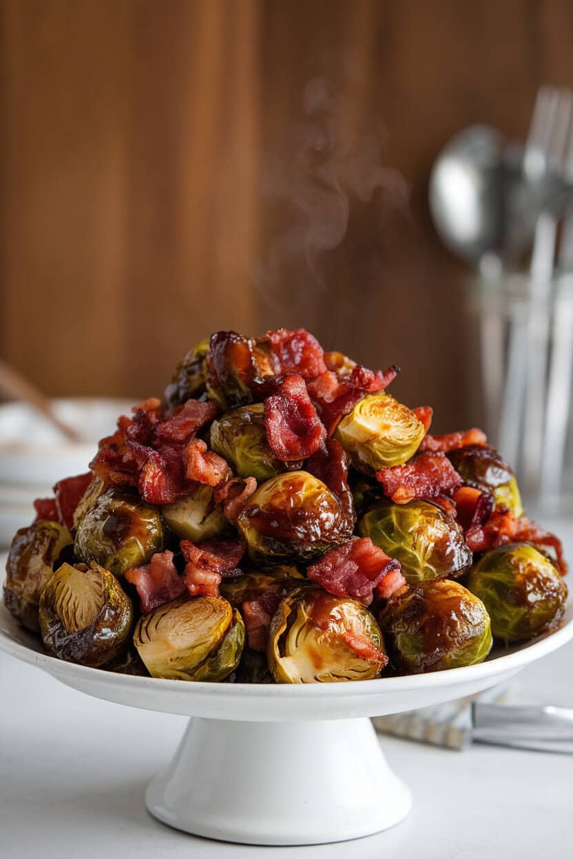 A white serving dish indoors piled with caramelized Brussels sprouts studded with crisp bacon pieces, steam faintly visible. No branding or text.