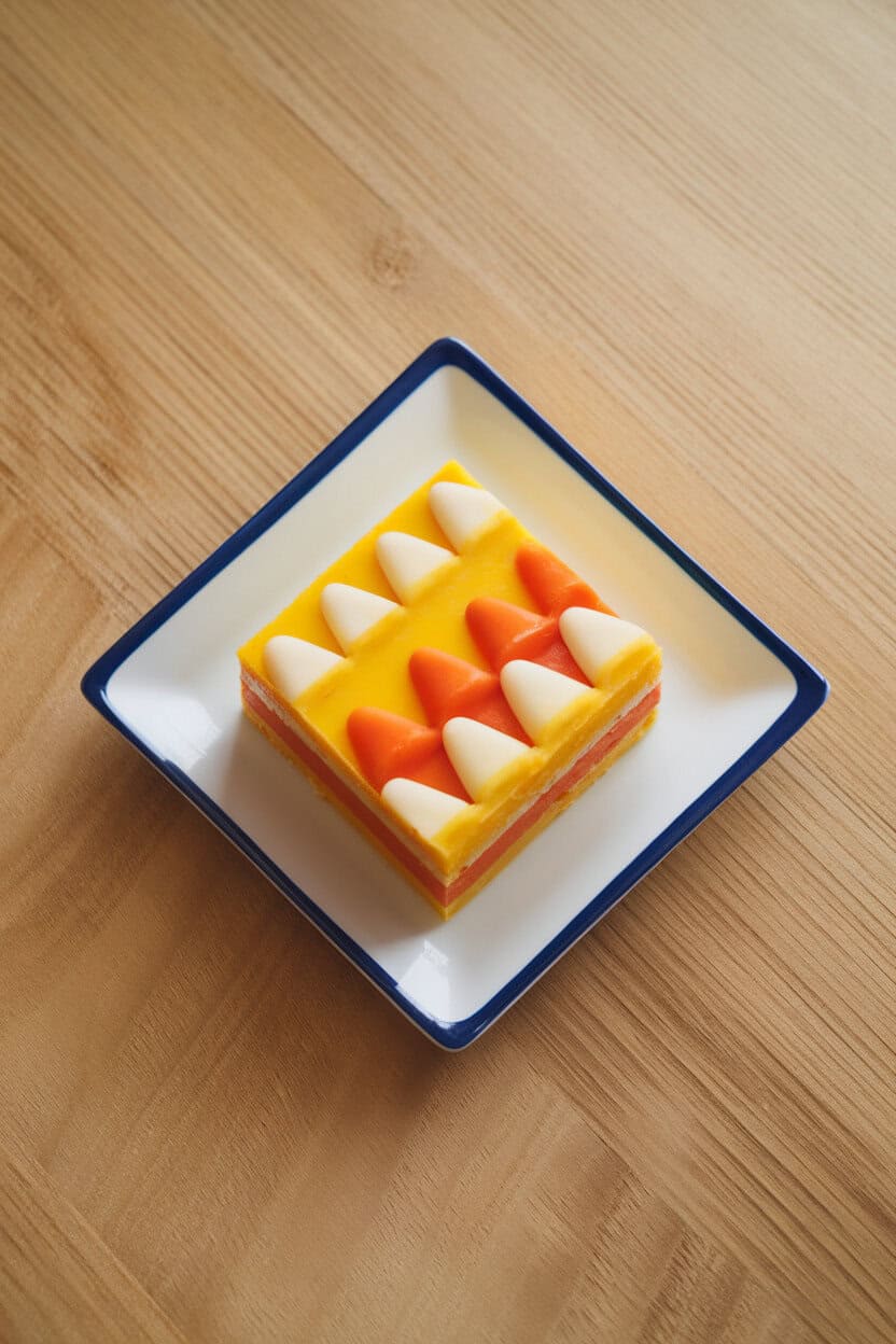 Indoor square plate featuring tri-layer fudge colored yellow, orange, and white to resemble candy corn pieces. Clean, overhead lighting; no text or logos. Photo only.