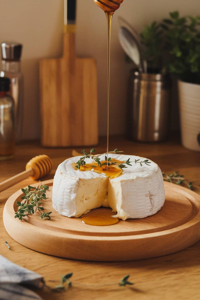 A warmly lit indoor kitchen table showing a small wheel of baked Brie on a wooden cheese board, cheese just beginning to ooze, drizzled with honey and garnished with fresh thyme sprigs. A honey dipper rests nearby. No text or logos anywhere in the scene. Photo, not illustration.