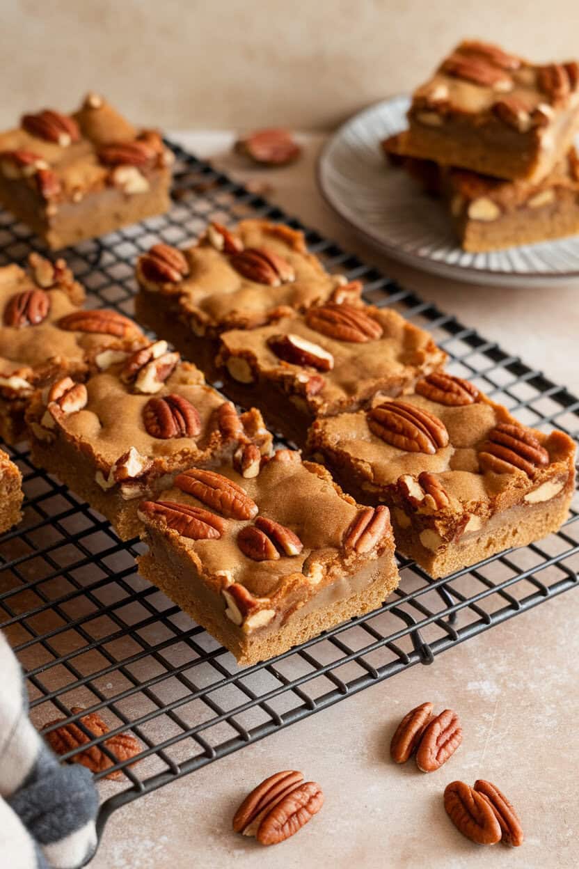 An indoor cooling rack with square blondie pieces studded with pecans, golden edges visible—photo, no text or logos
