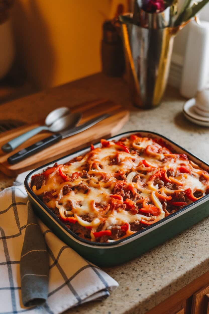 Cozy indoor counter featuring a baking dish of Philly cheesesteak casserole with melted provolone blanketing beef, peppers, and onions. Photo only, no text or logos.