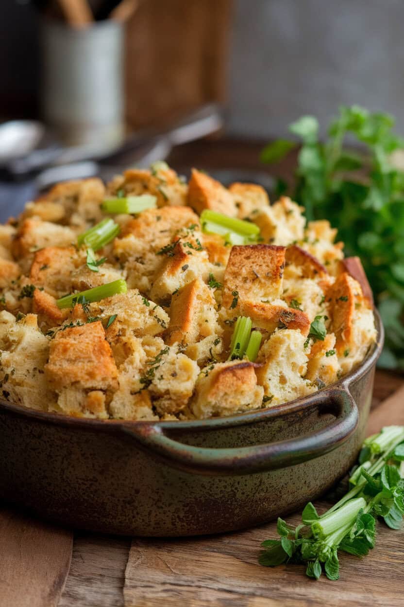 A rustic indoor baking dish of golden bread stuffing dotted with celery and herbs—no text or logos.