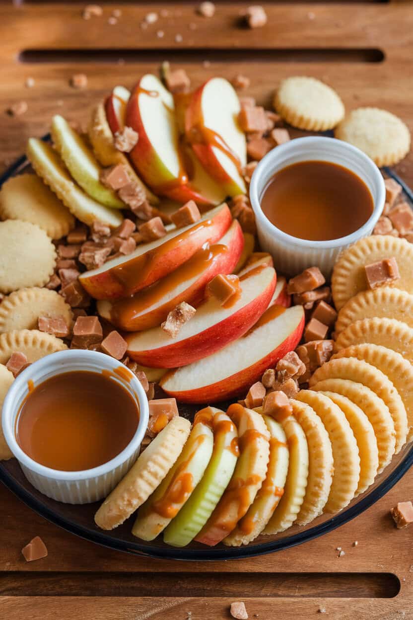 Indoor photo featuring apple slices, small cups of warm caramel, mini shortbread cookies, and crushed toffee bits on a platter. No text or logos.