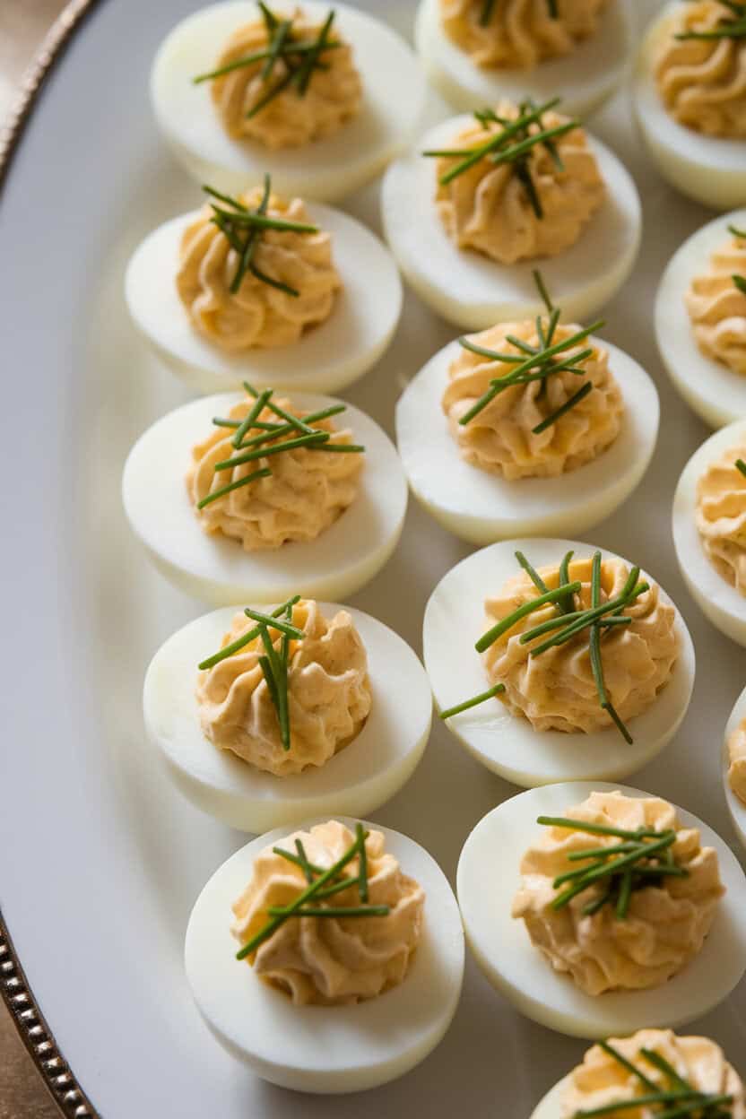 A close-up indoor shot of deviled eggs arranged on a classic white platter, yolk centers piped neatly and topped with snipped chives. Soft overhead lighting, no logos.