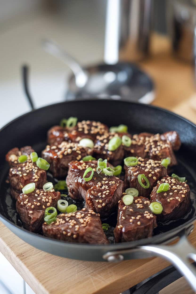 An indoor skillet containing seared beef tips coated in a glossy dark glaze, sprinkled with sesame seeds and sliced scallions. No text or logos.