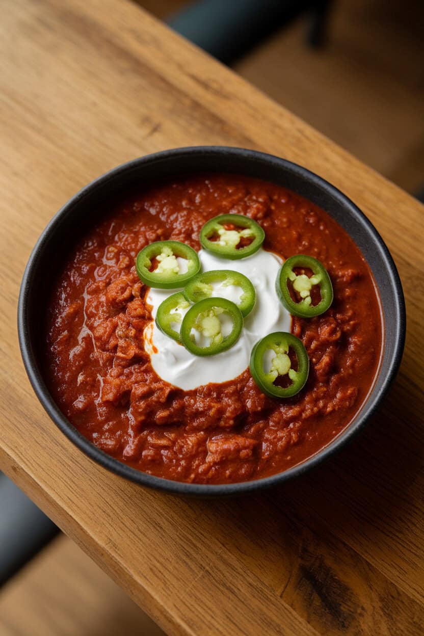 A deep bowl of beef chili topped with sour cream and sliced jalapeños on an indoor table. No logos; photo, not illustration.