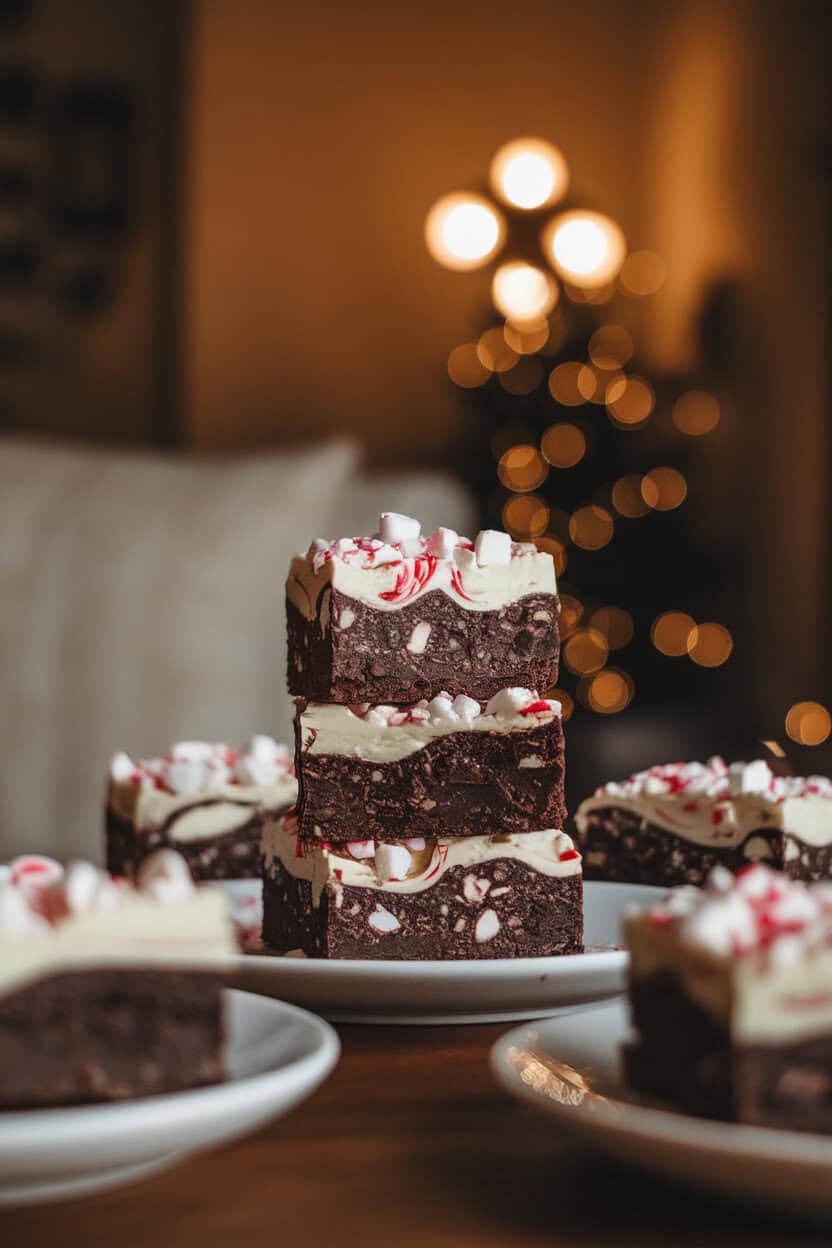 An indoor dining table displaying a stack of fudgy brownies topped with swirls of white chocolate and crushed candy cane pieces. Warm ambient lighting, no text or logos. Photo, not illustration.