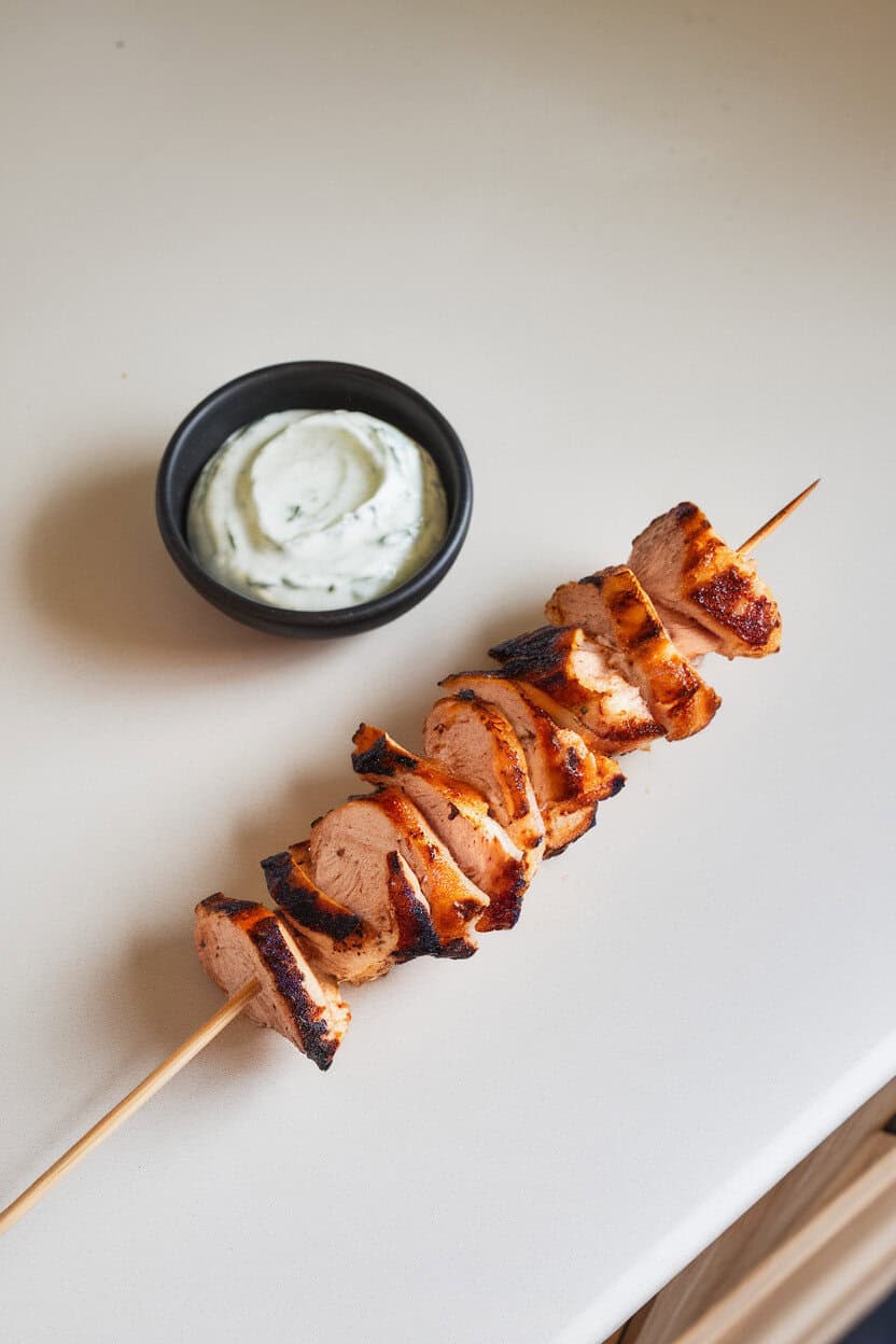 An indoor countertop featuring wooden skewers of grilled chicken souvlaki next to a small bowl of tzatziki; no text or logos; photo