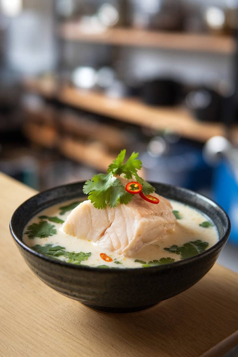 An indoor bowl with a piece of flaky halibut in creamy coconut broth, garnished with cilantro and thin chili slices. No text or logos in scene.