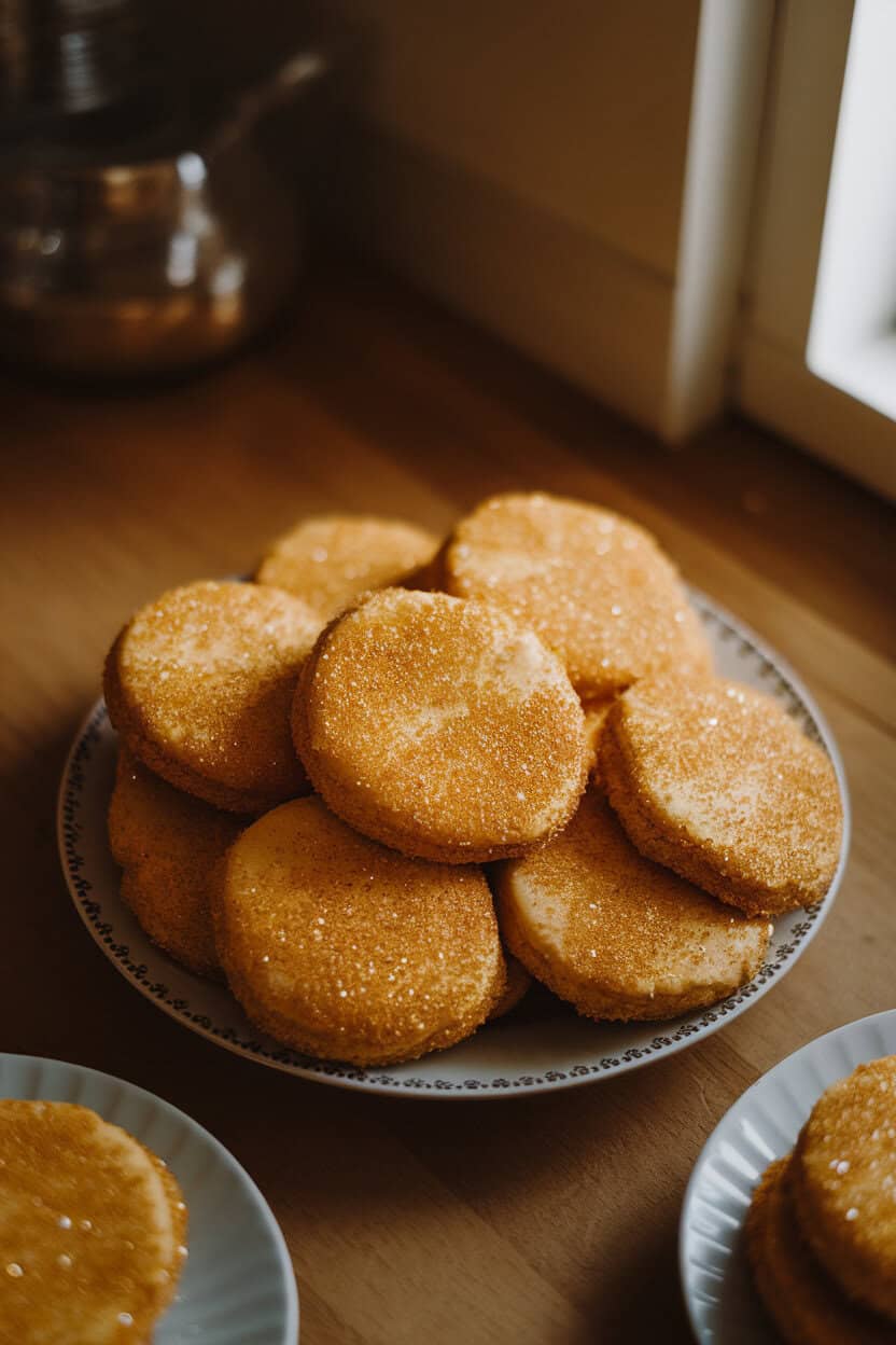 A warmly lit indoor kitchen table showing a plate of golden sugar cookies coated in coarse sanding sugar that glitters under the light, photographed from a slight overhead angle. No text or logos anywhere in the photo.