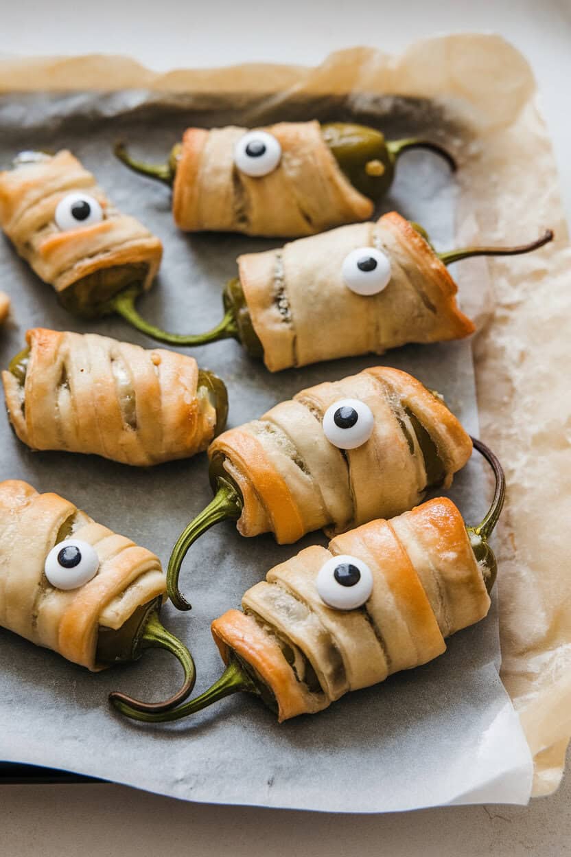 Indoor close-up photo of baked jalapeño poppers wrapped in thin pastry strips, candy eyes peeking through, set on parchment. No text or logos.