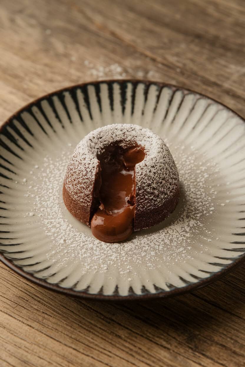 Indoor dessert plate featuring a small chocolate lava cake split open, molten chocolate flowing out, powdered sugar dusted over. Photo only, no text or logos.
