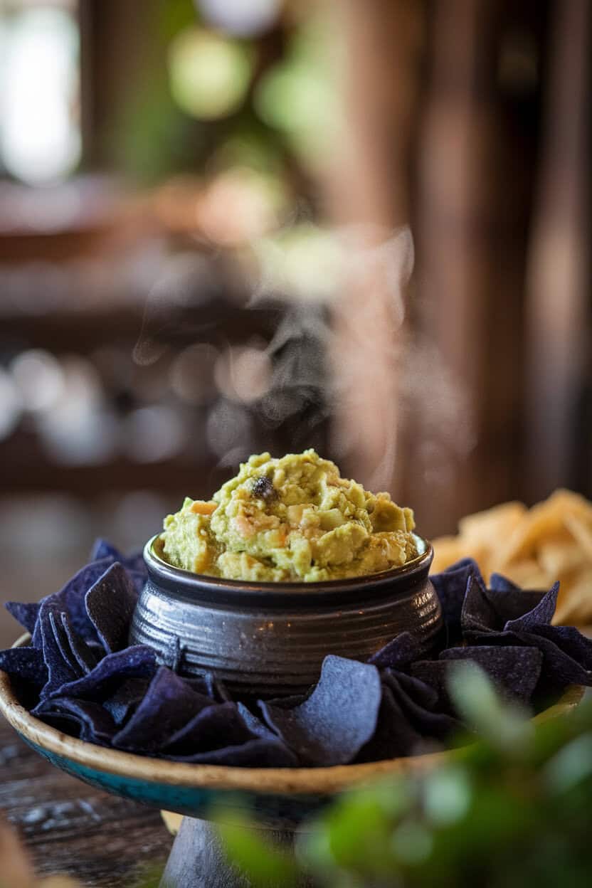 A softly lit indoor snack table showing a black ceramic bowl overflowing with chunky guacamole, surrounded by blue corn chips, a hint of steam rising for a “cauldron” effect. No logos or text; photo, not illustration.