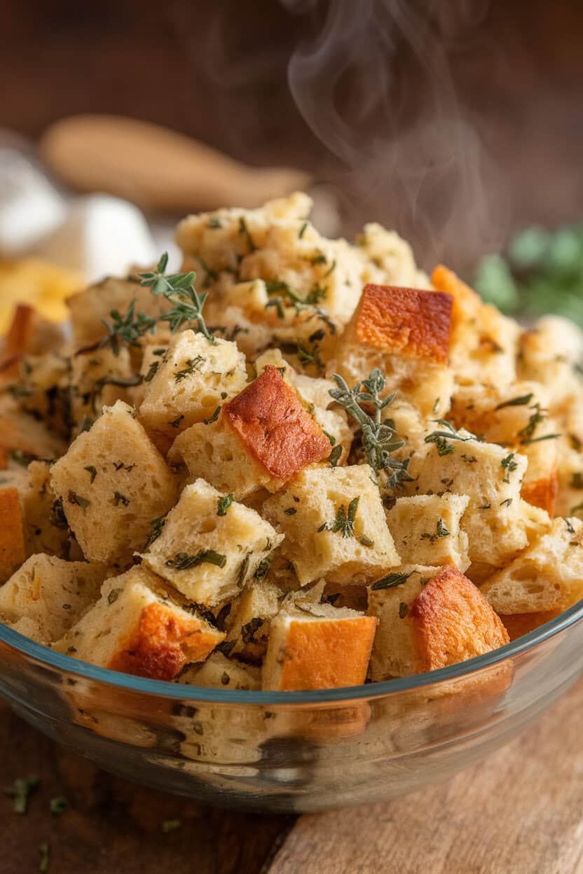 Indoor close-up of a bowl filled with cubed bread stuffing flecked with parsley, sage, and thyme, steam visible. No text or logos. Photo, not illustration.