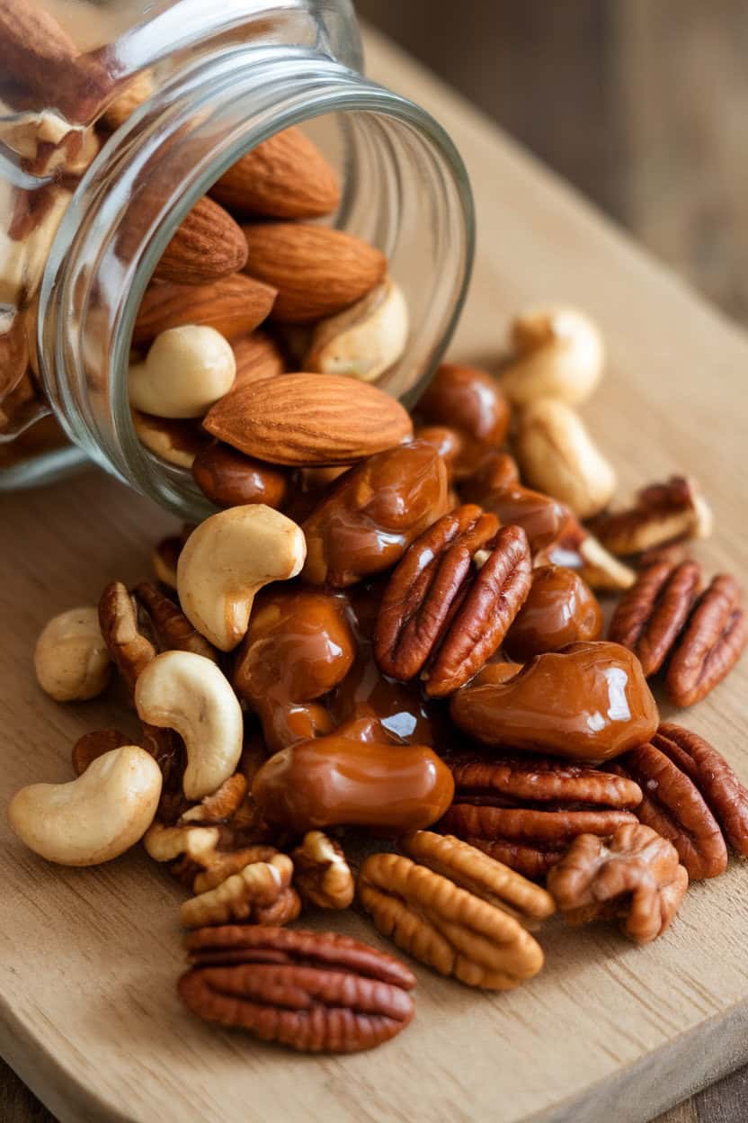 Indoor glass jar tipped over, releasing mixed roasted nuts coated in shiny maple spice glaze onto a wooden surface. No logos or labels visible.