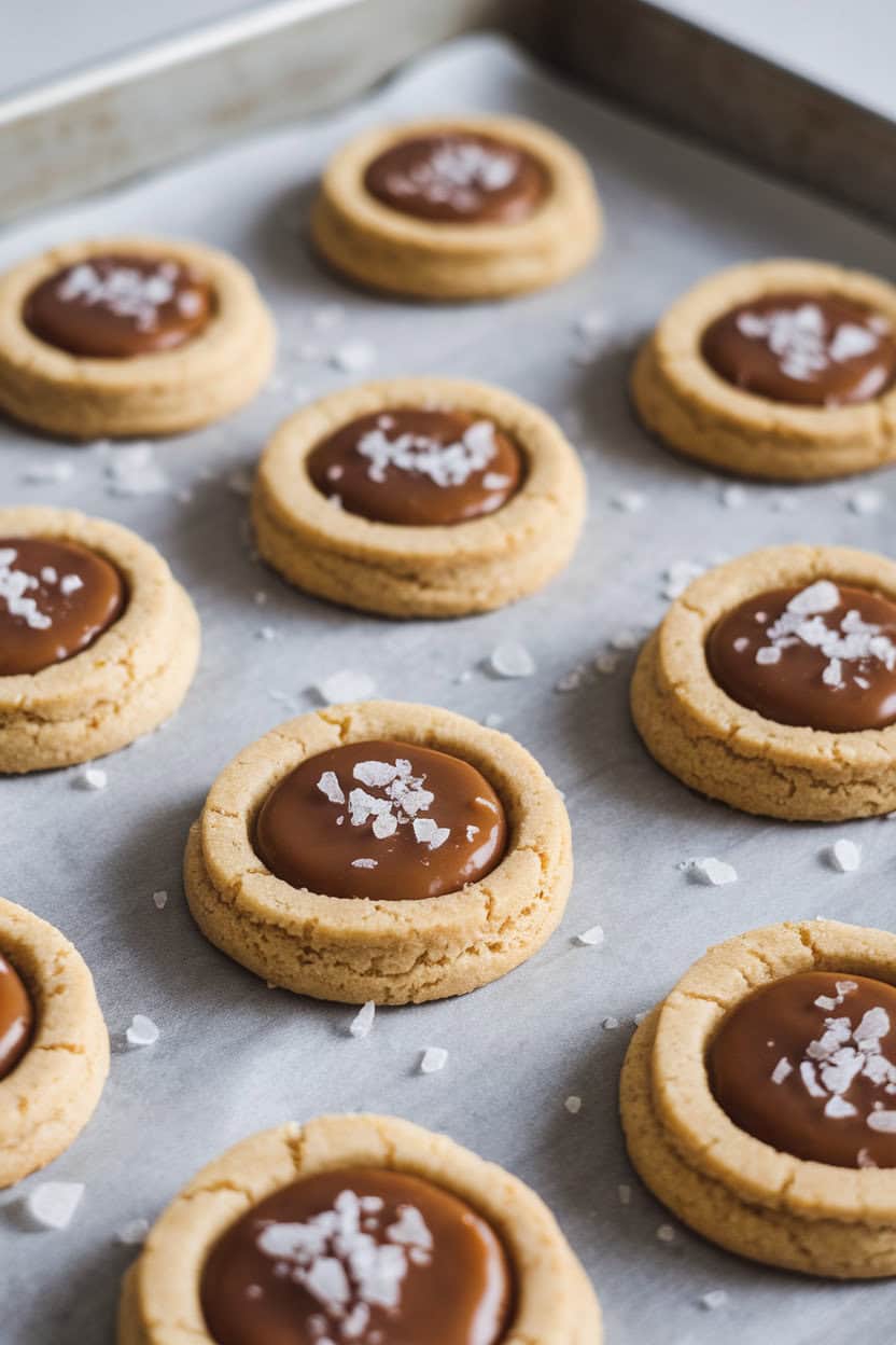Indoor close-up of caramel thumbprint cookies topped with flaky sea salt on a parchment-lined baking sheet; no text or logos present.