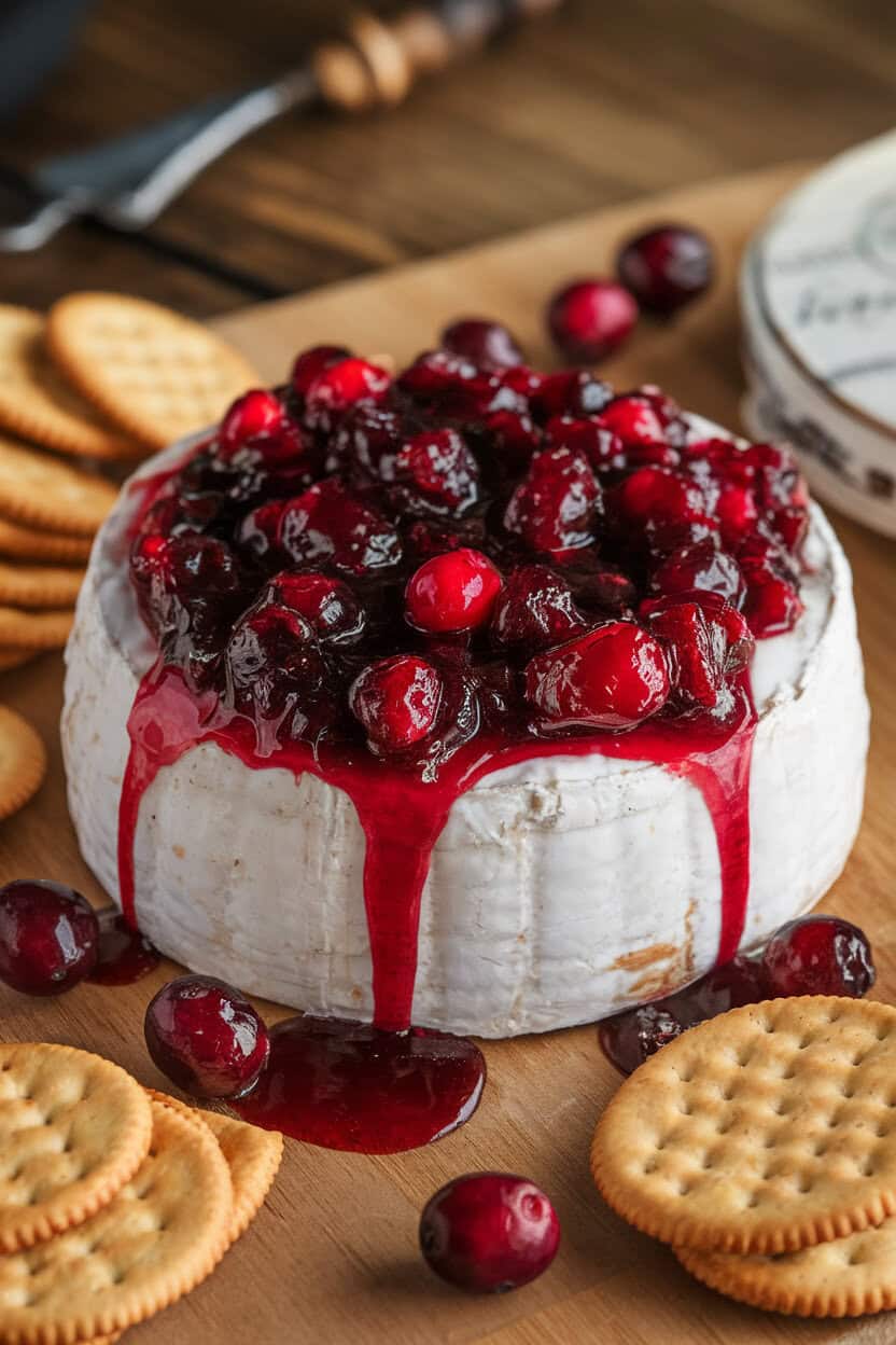 An indoor cheese board featuring a wheel of baked brie oozing slightly, topped with glossy cranberry compote, crackers nearby, no logos.