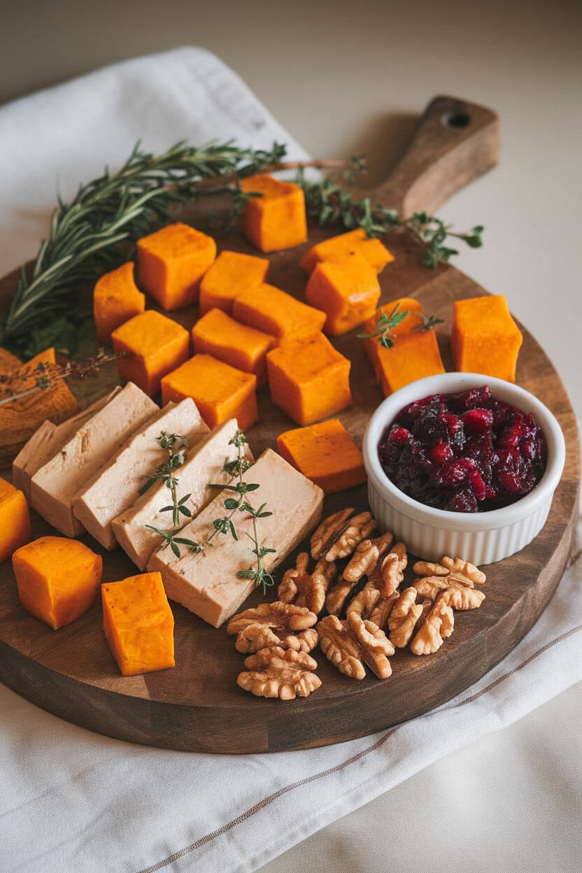 Well-lit indoor shot of a large wooden board featuring roast butternut cubes, marinated tofu slices, cranberry chutney, and walnut halves. Photo only, no text or logos.