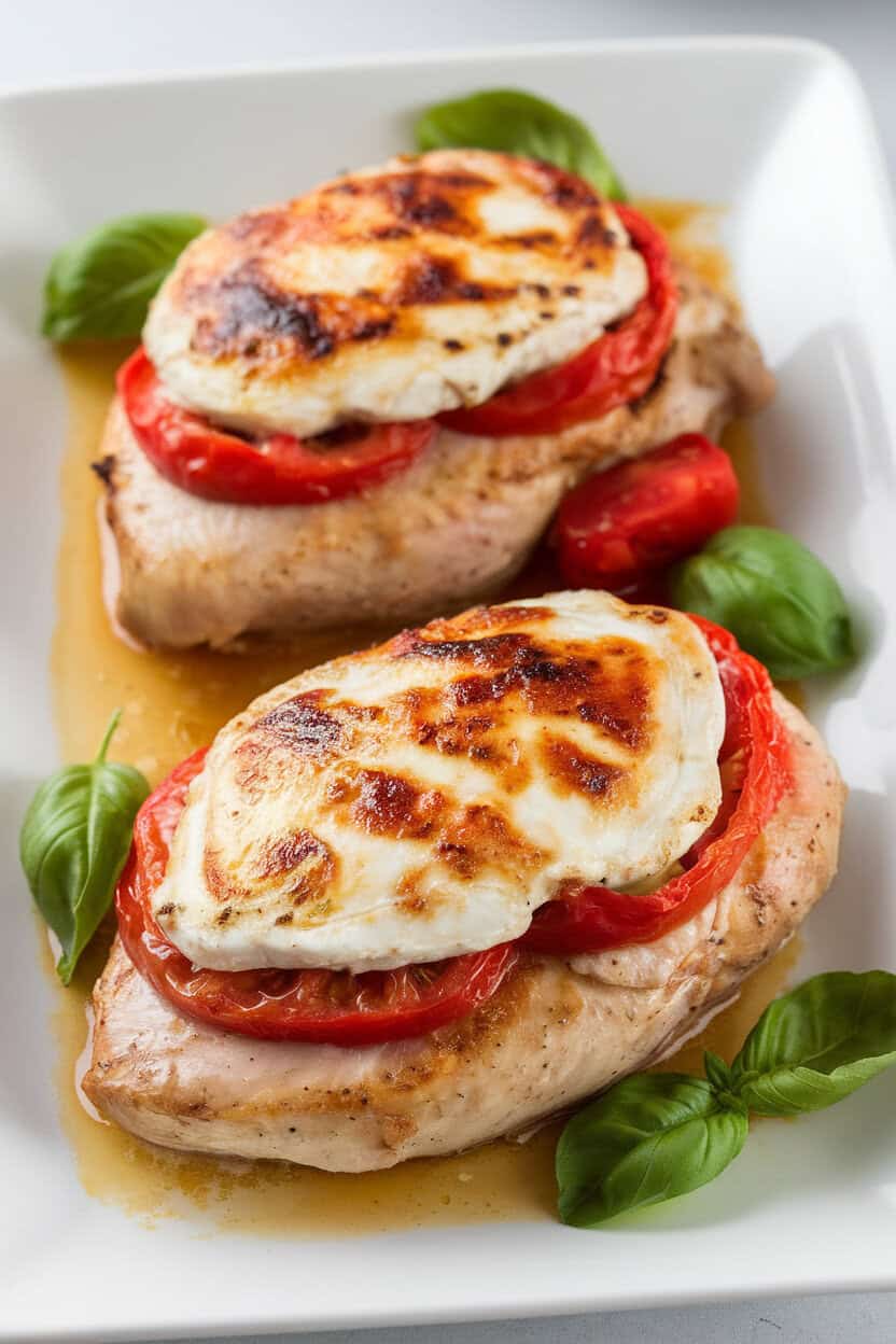 Indoor baking dish showing sliced chicken breasts stuffed with mozzarella, tomato, and basil, juices pooling around the edges. No text or logos present.