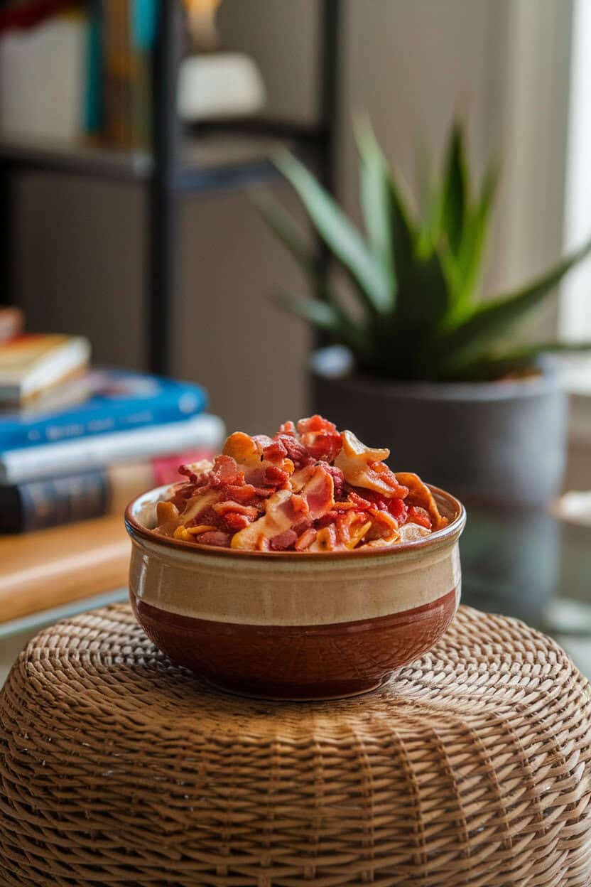A ceramic bowl on an indoor coffee table containing maple-glazed party mix with visible bacon bits, soft lamp light, no logos.