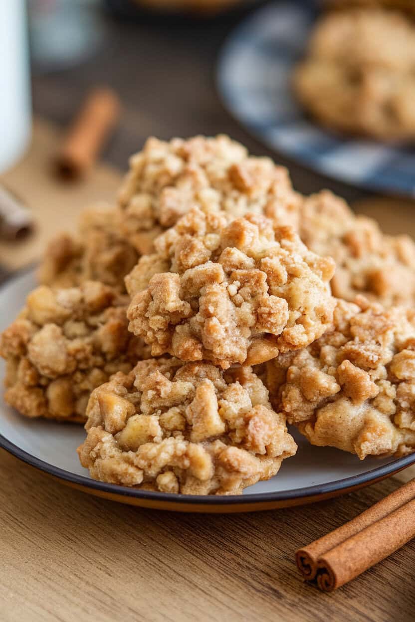 Photo prompt: Indoor plate of apple pie crumble cookies topped with chunky streusel, cinnamon sticks nearby, no text or logos.