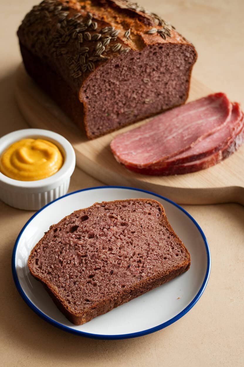 Indoor photo of a dark rye loaf with caraway seeds visible on the crust, one slice paired with mustard and pastrami. No text or logos in frame.