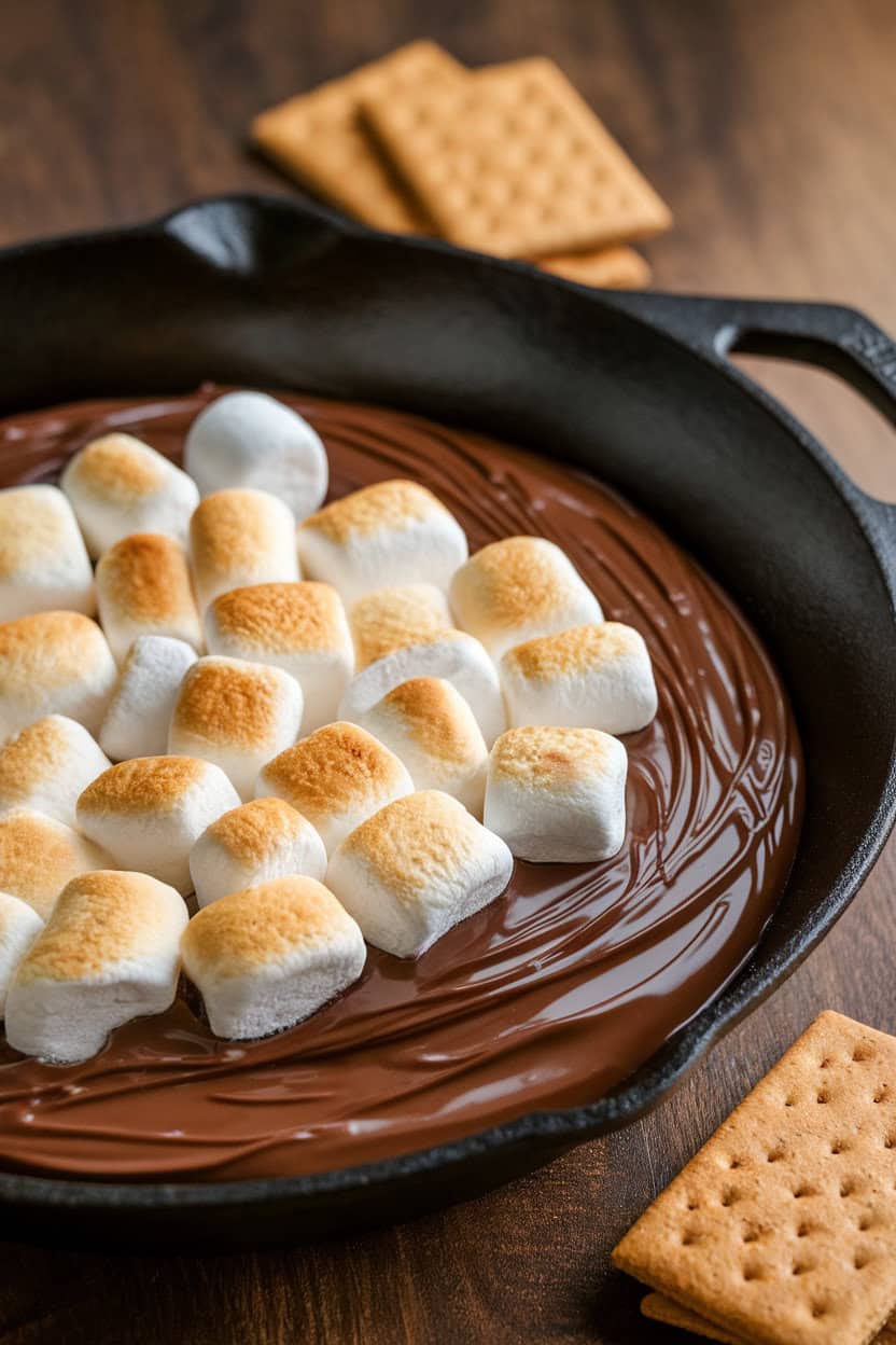 Indoor cast-iron skillet filled with melted chocolate and marshmallows toasted golden brown on top, served with graham crackers nearby. No logos. Photo only.
