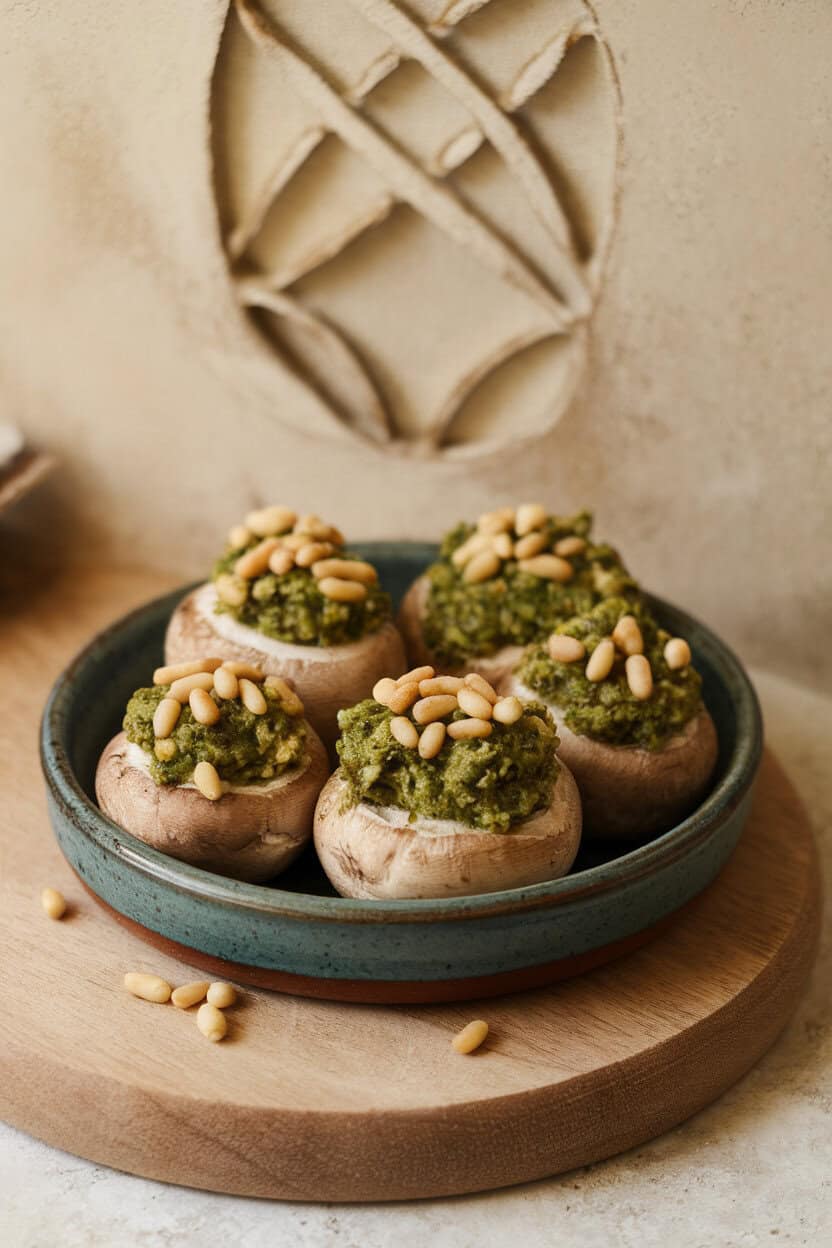 Photo of a small ceramic dish indoors with pesto-green stuffed mushrooms, lightly toasted pine nuts sprinkled on top. No text or logos.