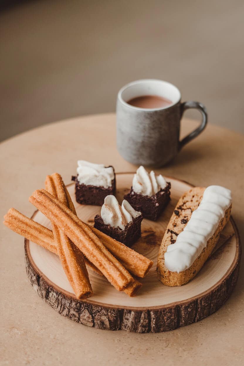 Indoor photo showing cinnamon churro sticks, brownie bites, and vanilla-coated biscotti on a wooden board, with an empty mug ready for cocoa in the background. No text or logos. Photo, not illustration.