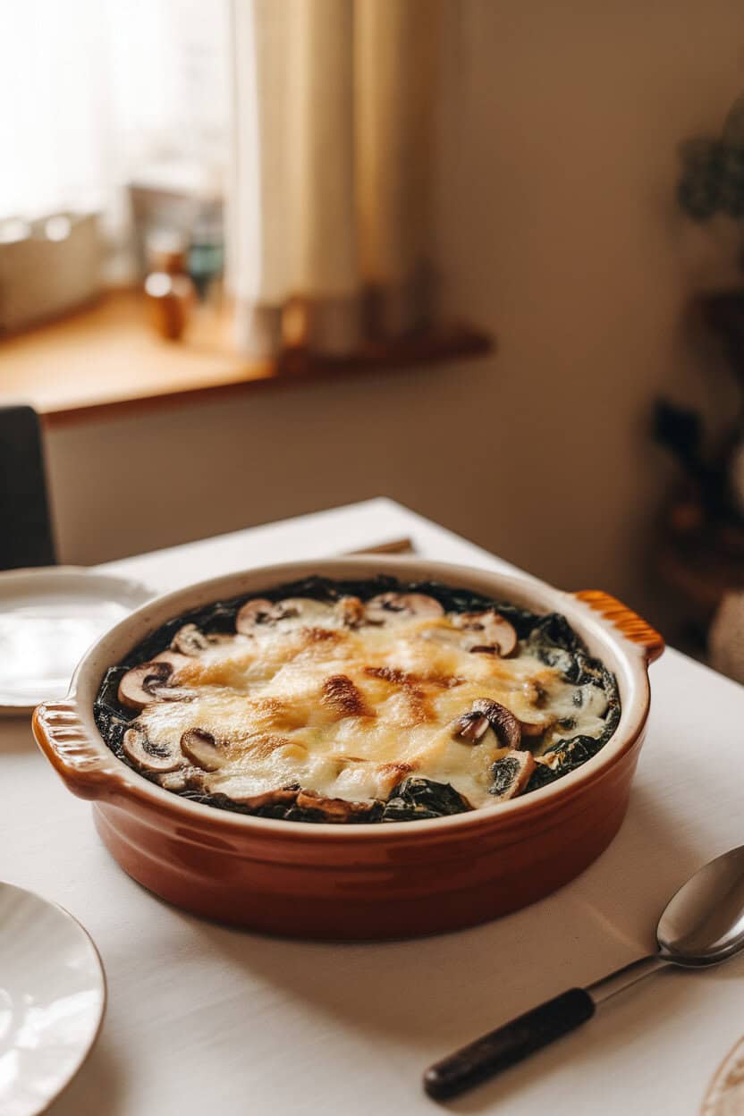 An indoor dining table with a deep ceramic dish of layered spinach, sliced mushrooms, and melted Swiss cheese, steam rising gently. Warm, natural lighting; no visible text or trademarks. Photo only.