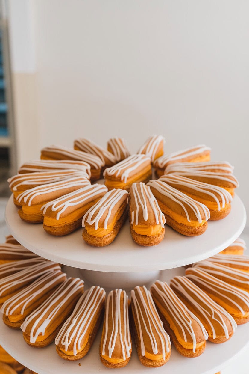 Photo, not illustration. Indoor bakery display of éclairs filled with pumpkin spice pastry cream and topped with white glaze drizzle. No text or logos.