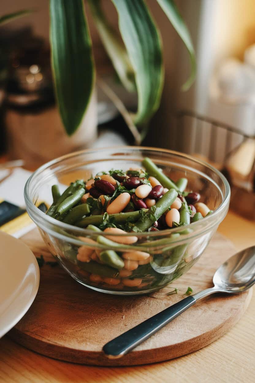 An indoor dining setting with a glass bowl containing green beans, cannellini beans, and kidney beans tossed with fresh herbs and vinaigrette. No text or logos; photo, not illustration.