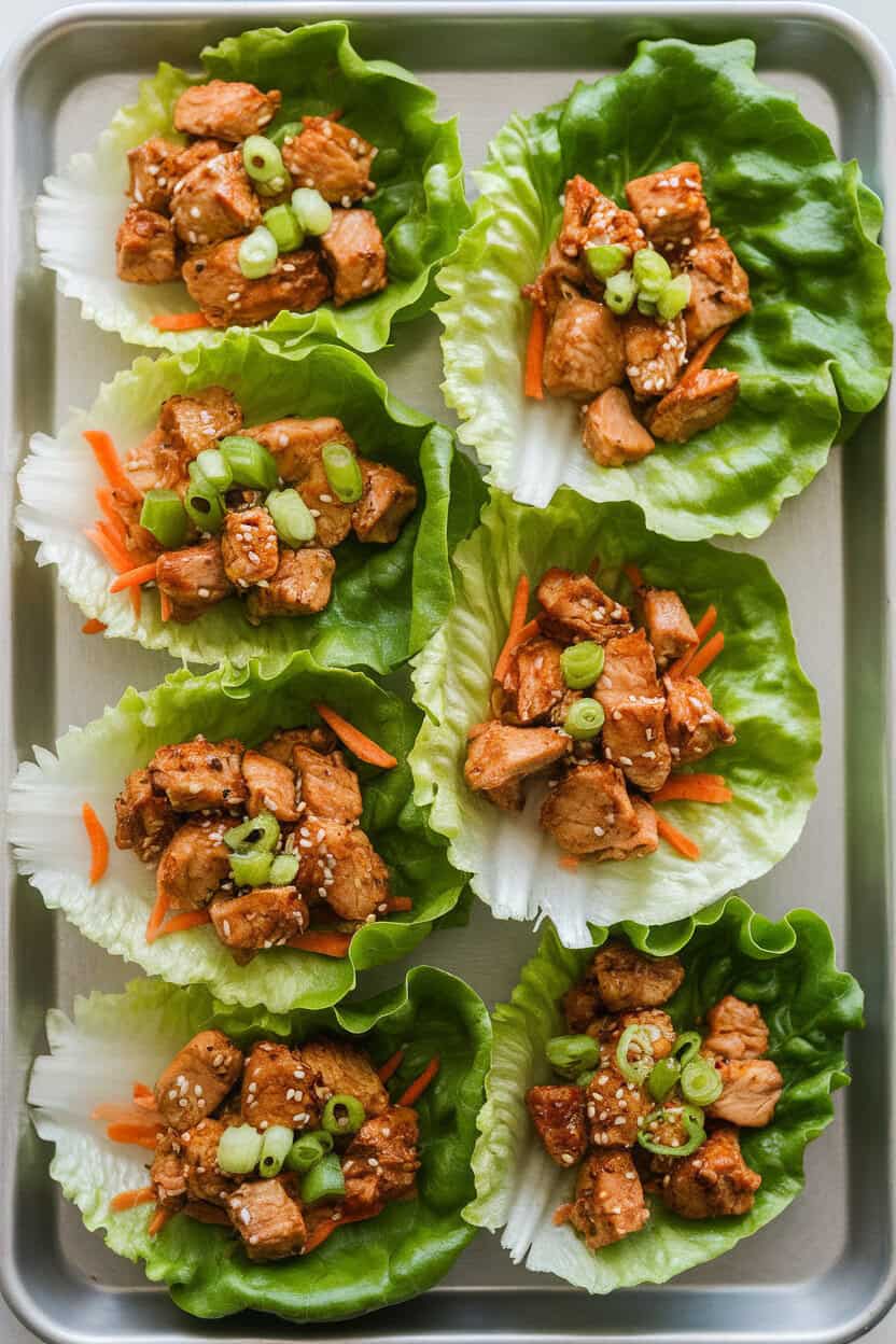 An indoor serving tray photo of crisp lettuce leaves filled with diced sesame chicken, shredded carrots, and scallions, arranged neatly. No text or logos present.