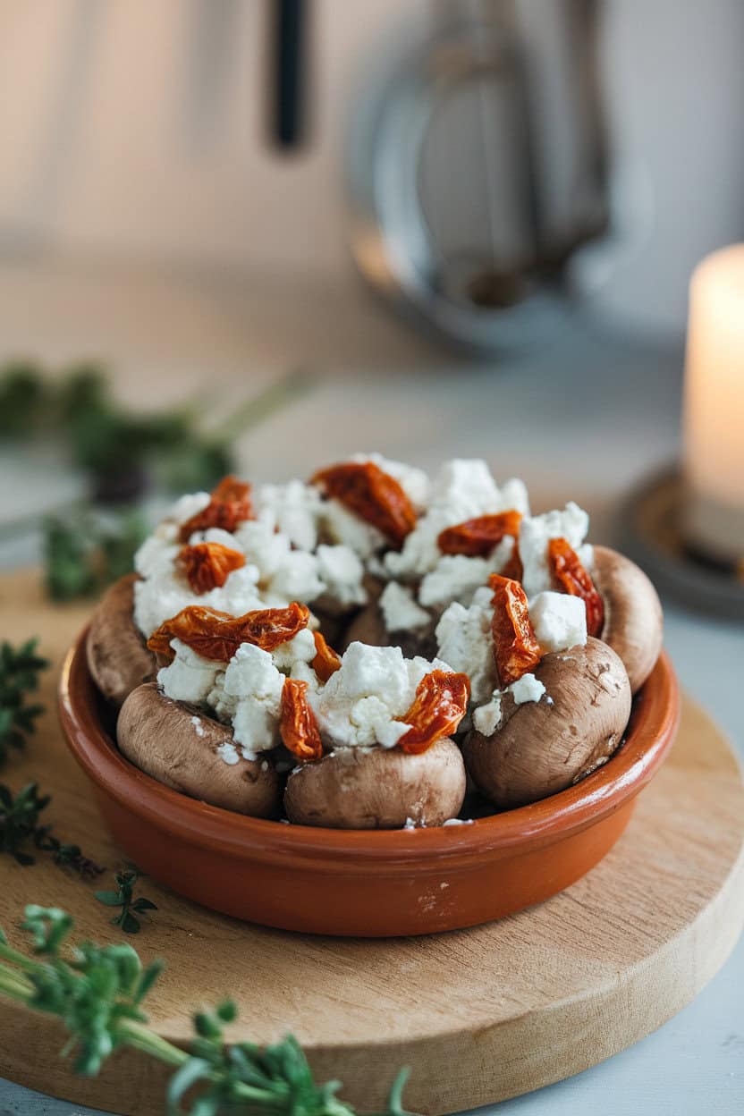Photo indoors of a small terracotta dish holding mushrooms filled with crumbled feta and chopped sun-dried tomatoes, lightly browned. No text or logos.